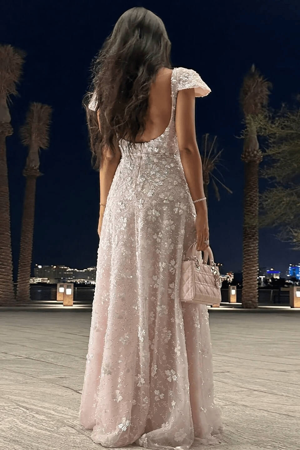 Pink Cap Sleeve Prom Dress Square Neck Beaded A Line Tulle Formal Gown