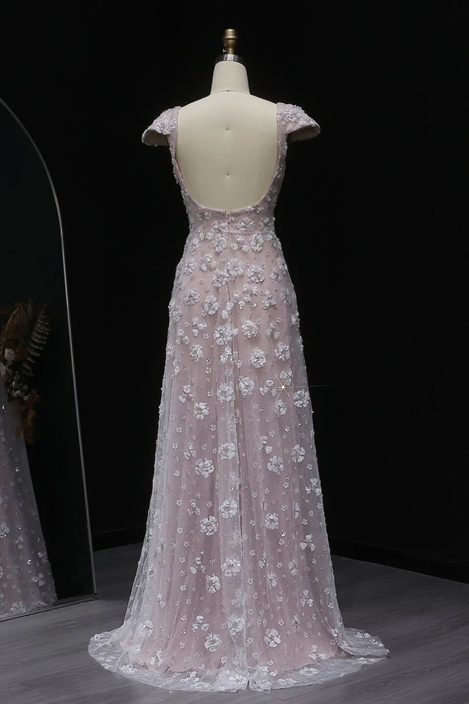Pink Cap Sleeve Prom Dress Square Neck Beaded A Line Tulle Formal Gown
