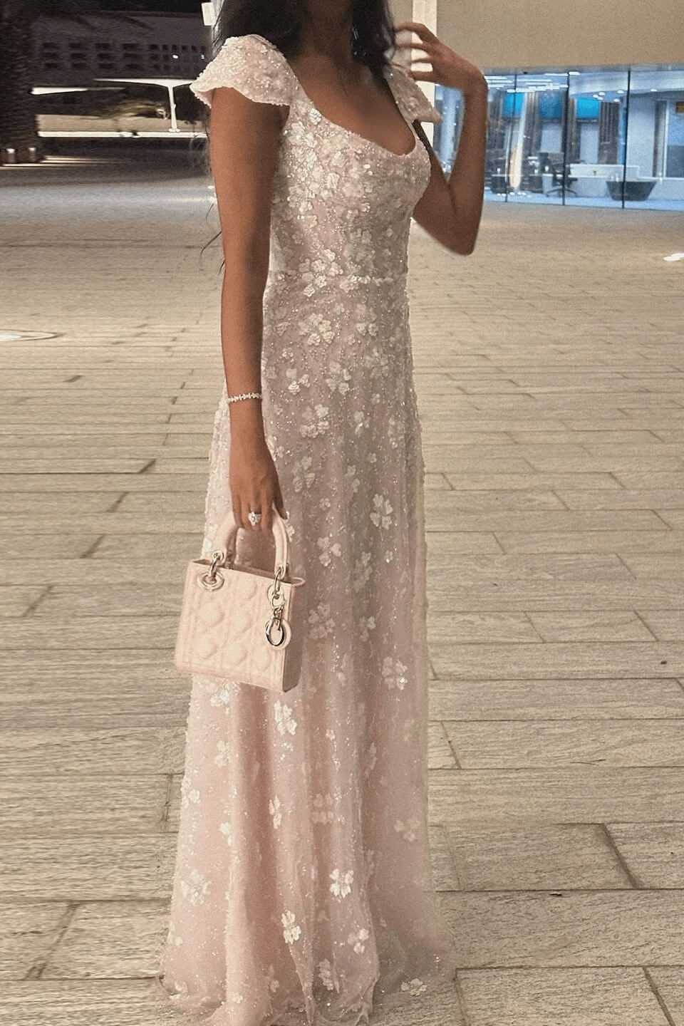 Pink Cap Sleeve Prom Dress Square Neck Beaded A Line Tulle Formal Gown