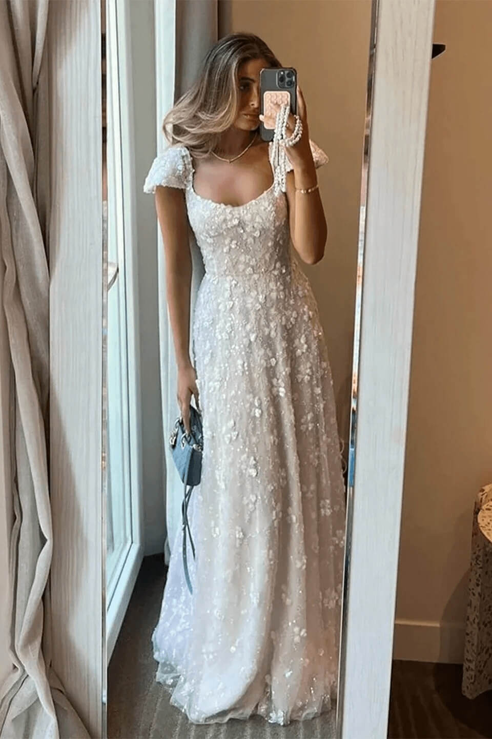 Pink Cap Sleeve Prom Dress Square Neck Beaded A Line Tulle Formal Gown