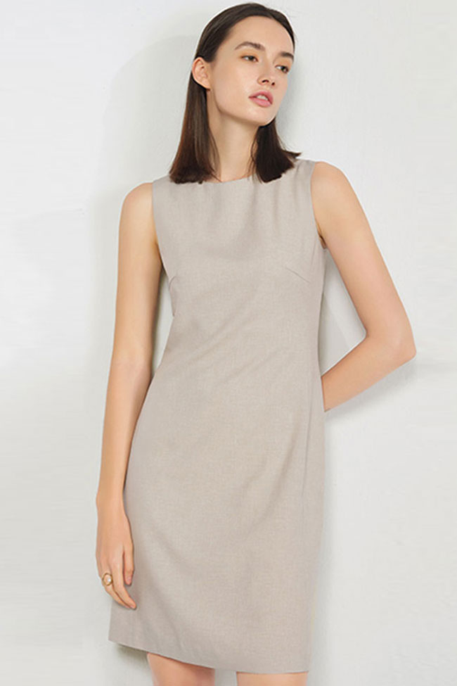 Chic Round Neck Solid Color Fitted Sleeveless Mini Dress Khaki