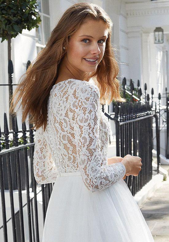 Chic Short A-line Tulle Jewel Lace Wedding Dress with Sleeves (ZD15171)