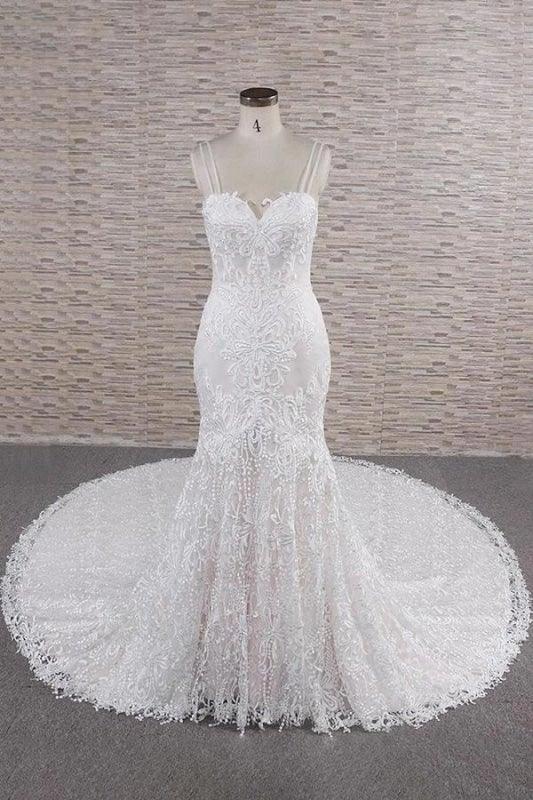 Chic Spaghetti Strap Appliques Mermaid Elegant Wedding Dresses (ZD14746)