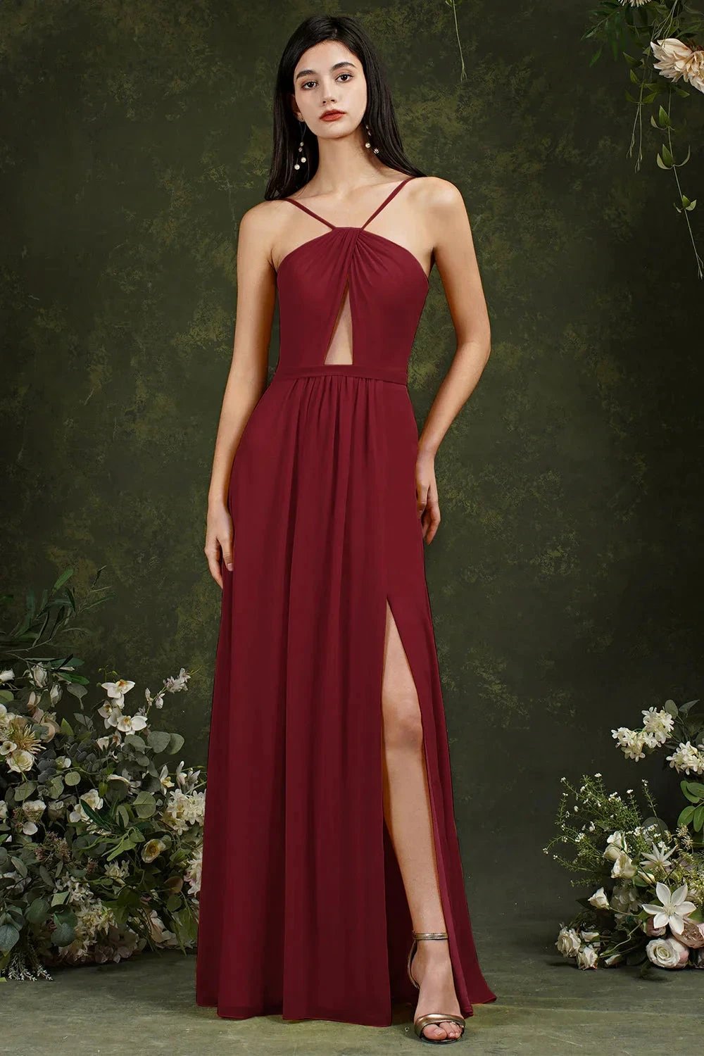 Chic Spaghetti Straps Halter A-Line Floor-length Split Bridesmaid Dress With Pockets by misshow.com