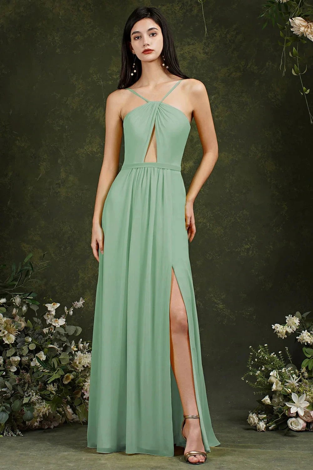 Chic Spaghetti Straps Halter A-Line Floor-length Split Bridesmaid Dress With Pockets by misshow.com