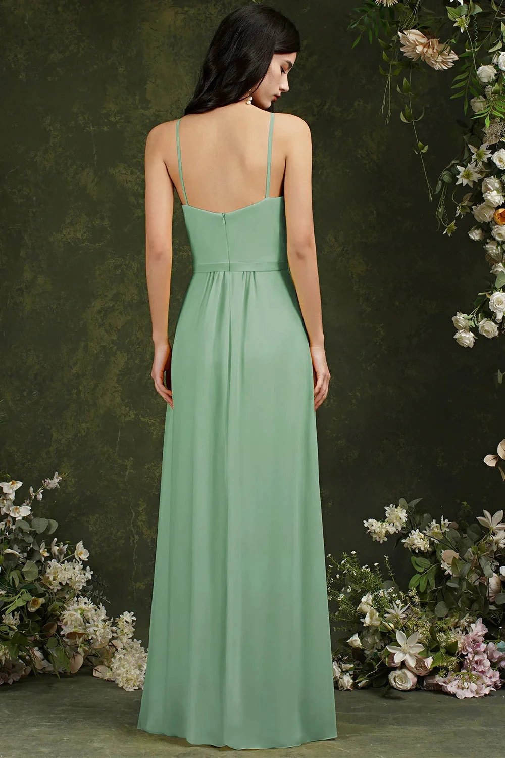 Chic Spaghetti Straps Halter A-Line Floor-length Split Bridesmaid Dress With Pockets (ZD13142)