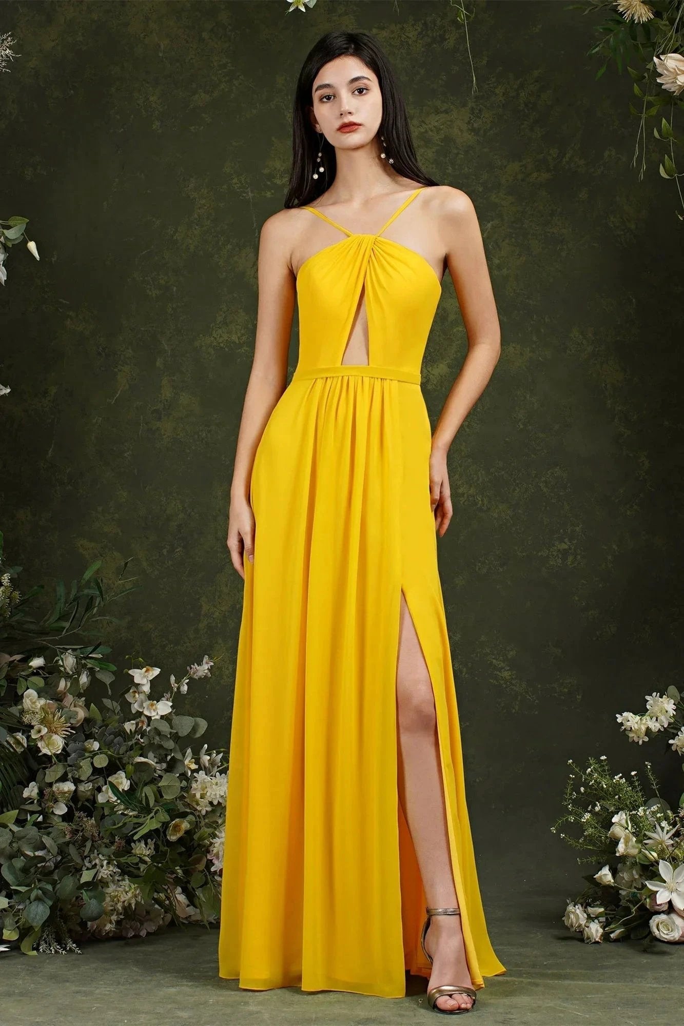 Chic Spaghetti Straps Halter A-Line Floor-length Split Bridesmaid Dress With Pockets (ZD13142)