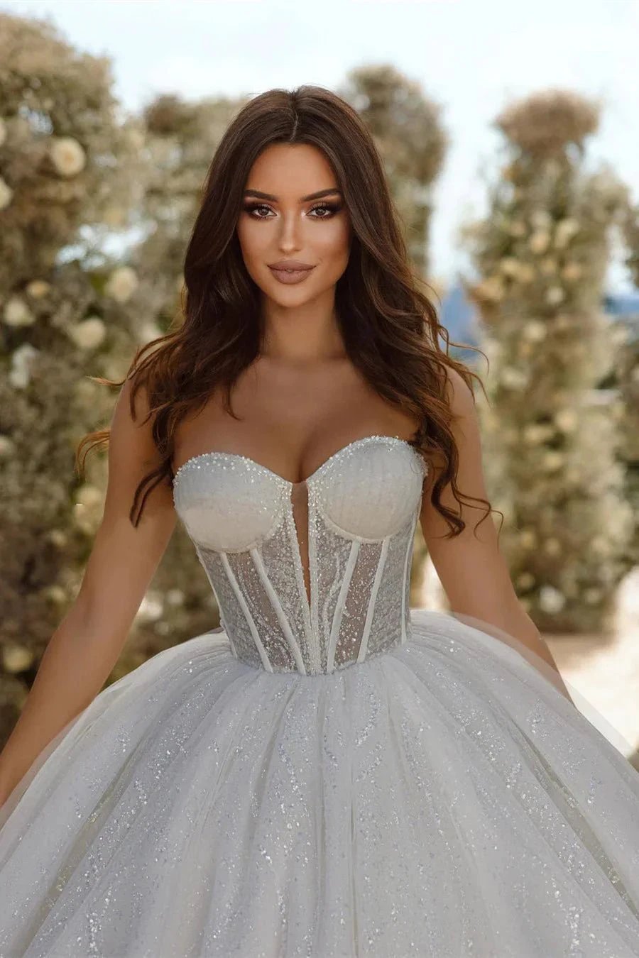Chic Sweetheart A-line Sleeveless Glitter Tulle Wedding Dress With Train (ZD14505)