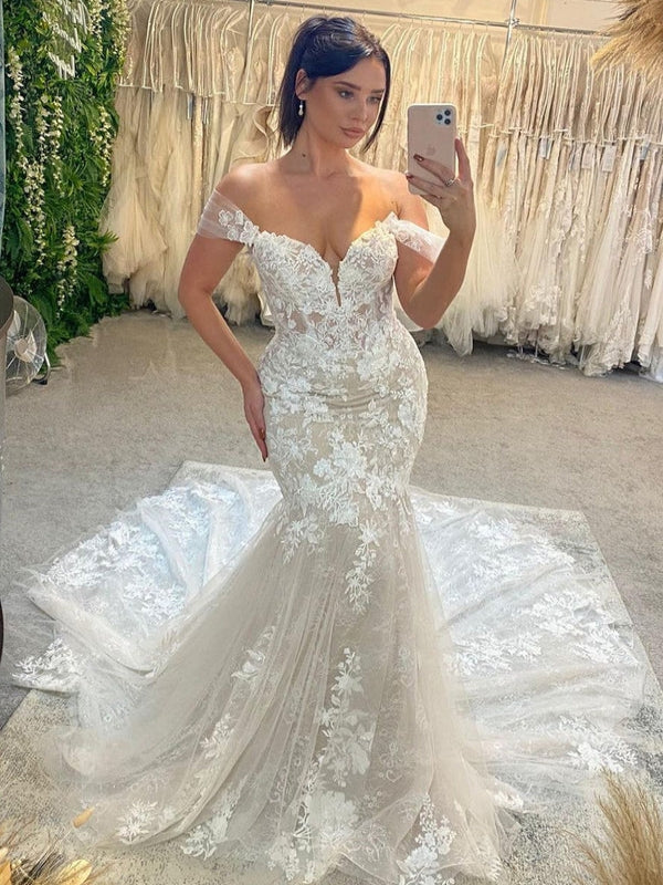 Lace Mermaid Sexy Off-The-Shoulder Long Train Wedding Dress