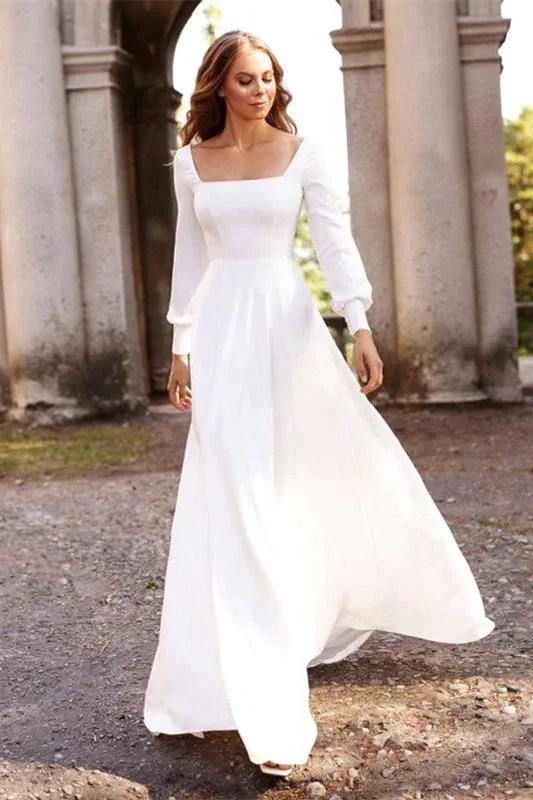 Chic White Satin Long Sleeves A-Line Wedding Dresses Long (ZD16409)