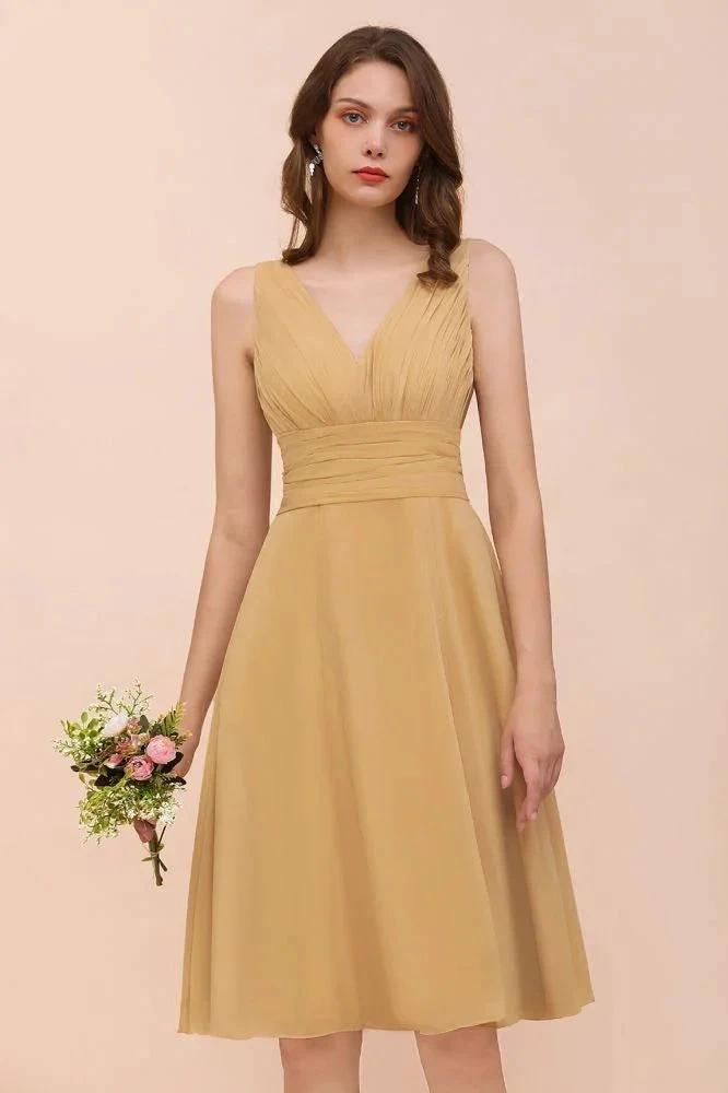 Chiffon Mini Golden Bridesmaid Dress Daily Casual Dress Sleeveless V-neck (ZD12997)
