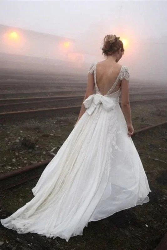Chiffon Sleeveless V-Neck Lace Wedding Dress (ZD13846)