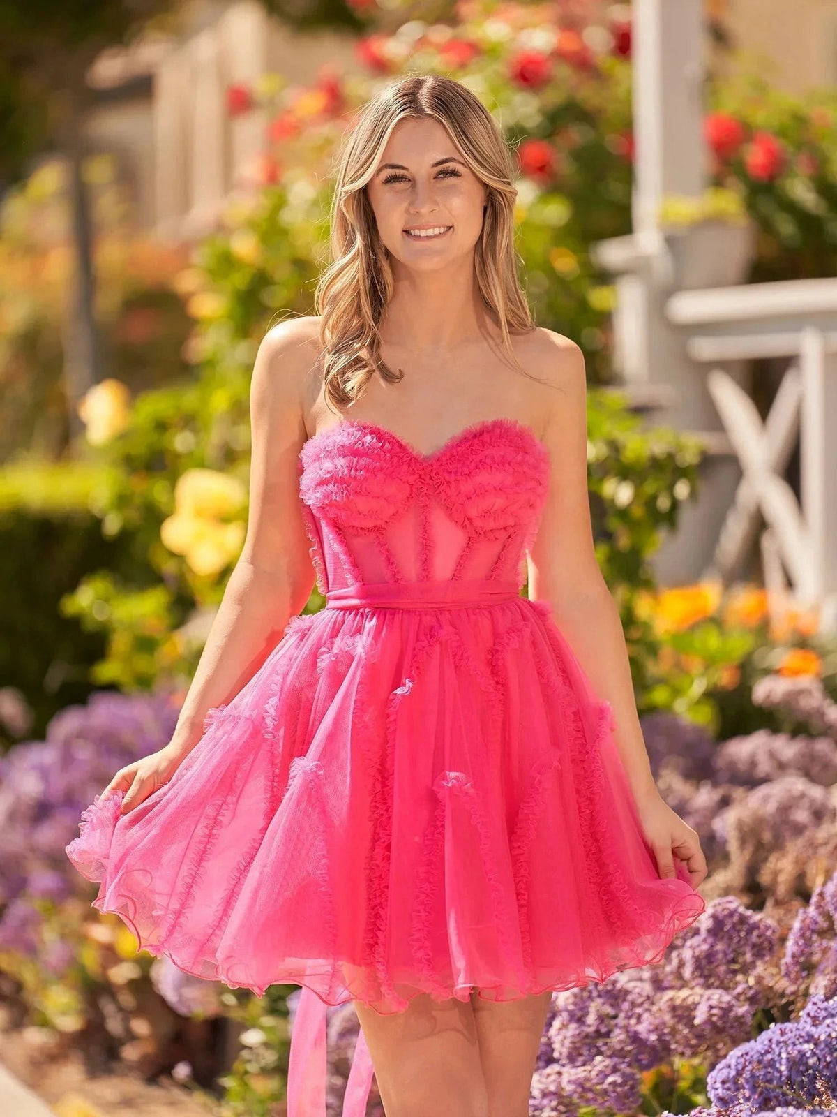 A Line  Fuchsia Tulle Strapless Homecoming Dress (ZD11499)