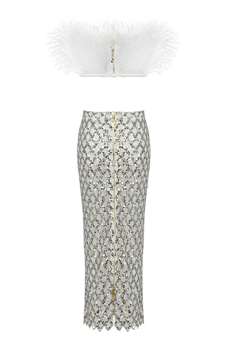 Classy Feather Strapless Top Sequin Midi Skirt Two Piece Dress - White