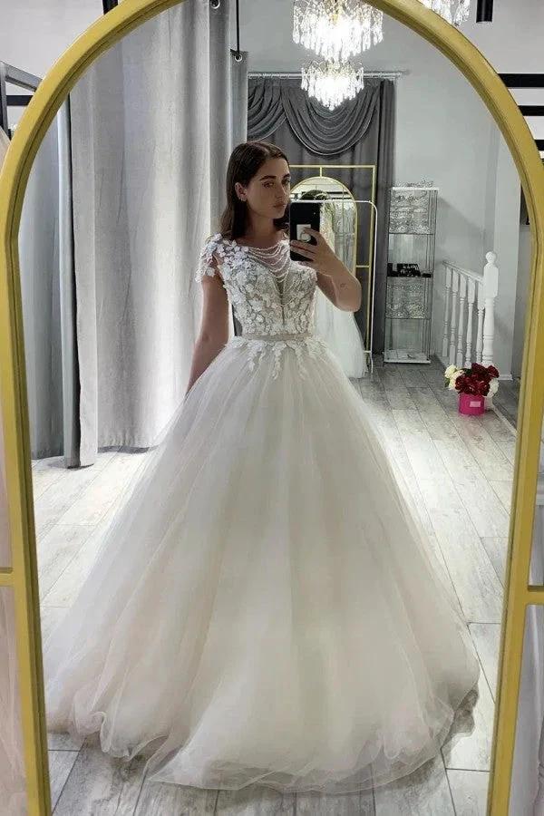 Classy Long A-Line Bateau Appliques Lace Tulle Wedding Dress With Bowknot Sash (ZD15083) - VelvetHem