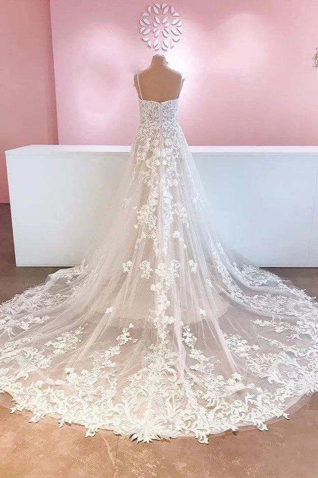 Classy Long A-Line Tulle Spaghetti Straps Appliques Lace Backless Wedding Dress (ZD15230)