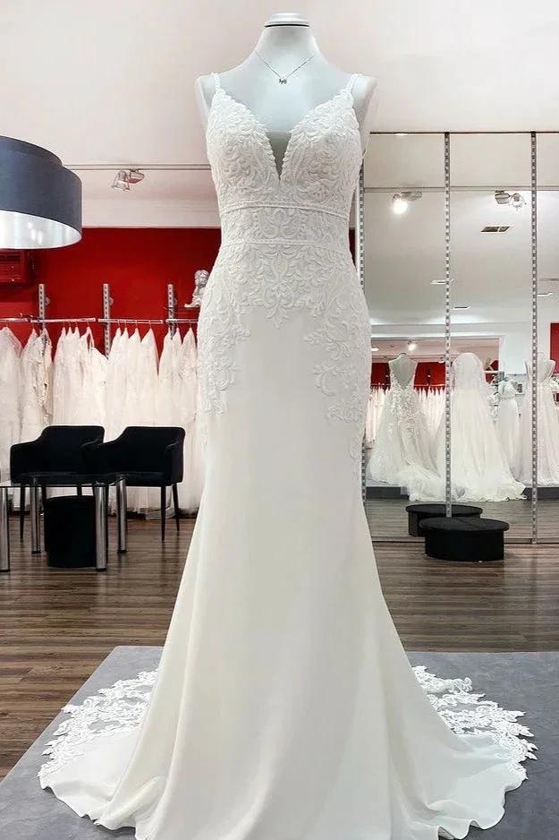 Classy Long Mermaid V-neck Satin Open Back Wedding Dress with Lace Appliques (ZD15271)
