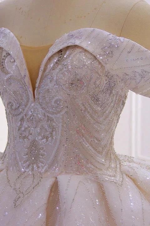 Classy Long Off the Shoulder Sequin Beading Satin Ball Gown Wedding Dress (ZD15189)