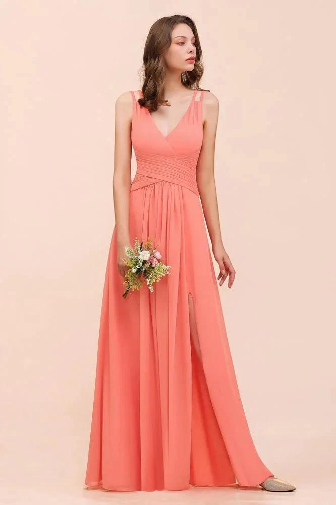 Coral Beach Bridesmaid Dress Front Split Wedding Party Dress (ZD12979)
