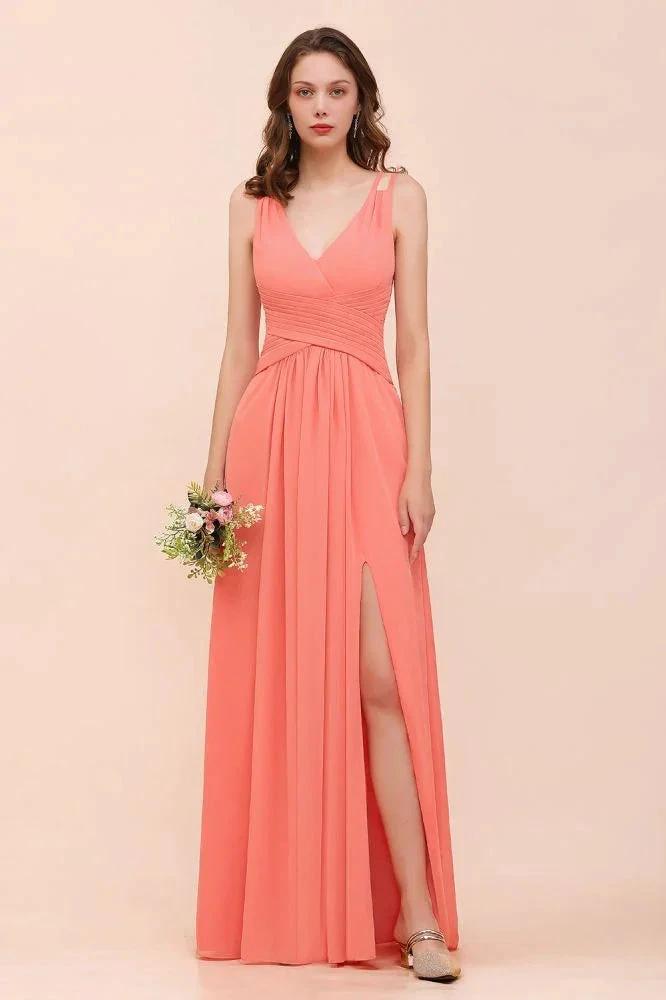 Coral Beach Bridesmaid Dress Front Split Wedding Party Dress by misshow.com