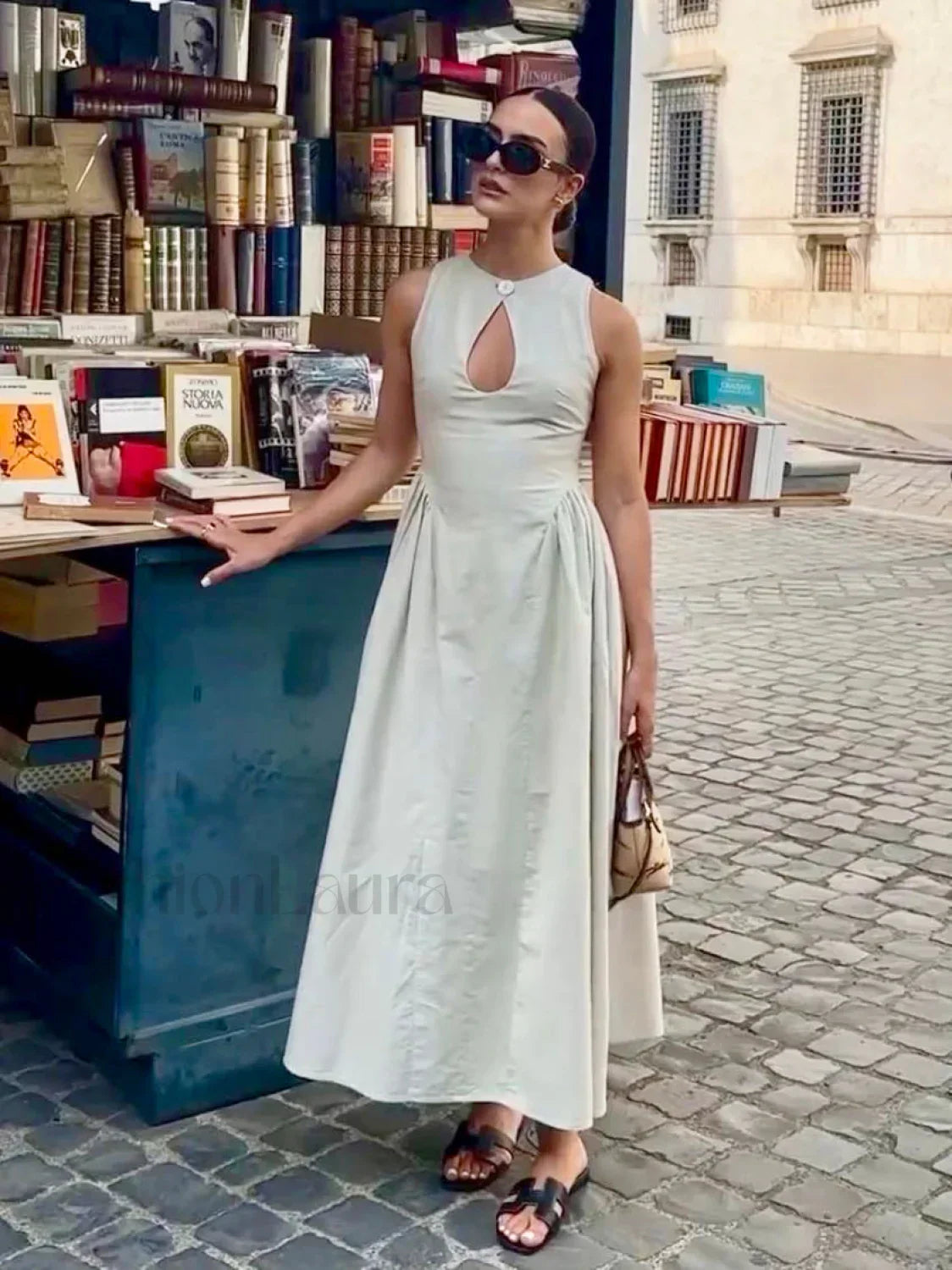 Cotton & Linen Pleated Cutout Long Dress Off White / XS Dresses