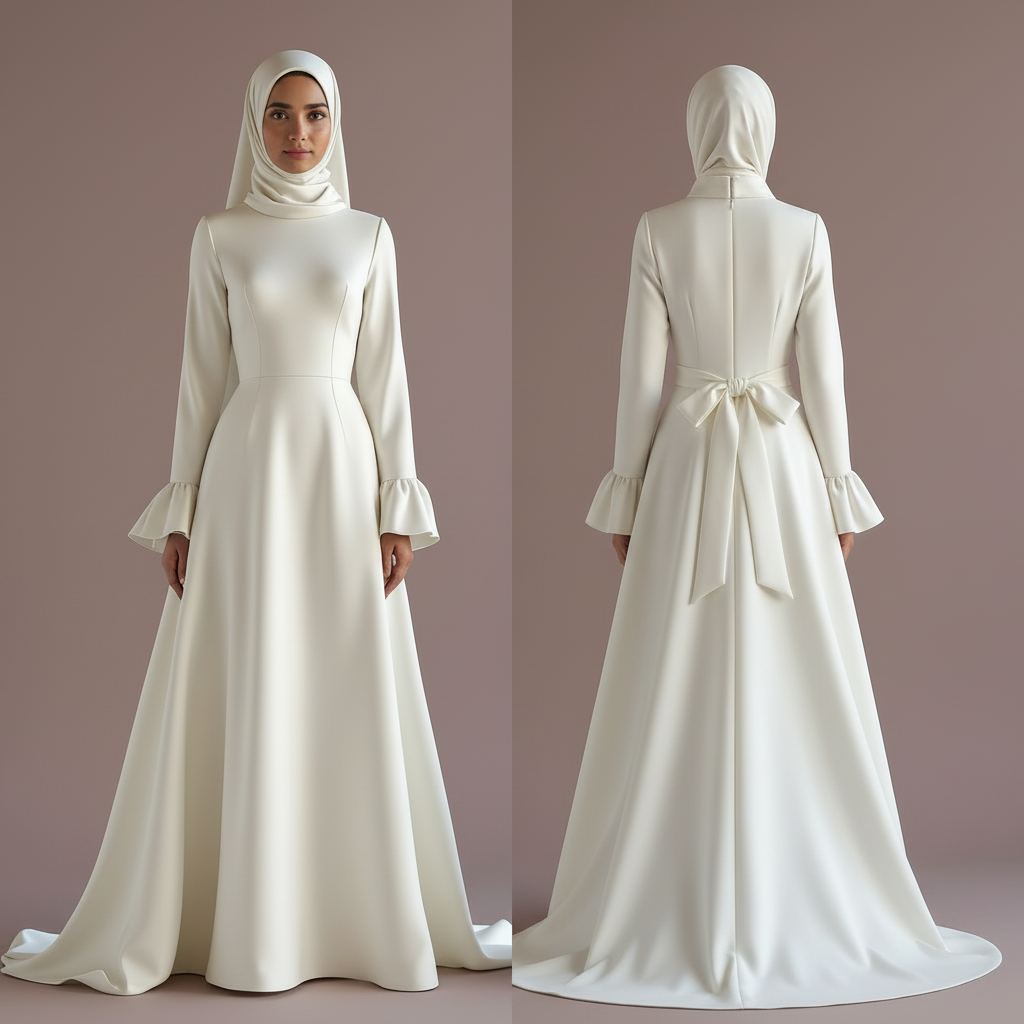 Elegant Arabic Dubai Muslim Bridal Dress with Flower Appliques and Tulle Skirt