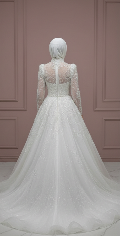 Custom Arabic Muslim Wedding Dress for Women with Long Sleeves and Tulle - View 3 | VelvetHem