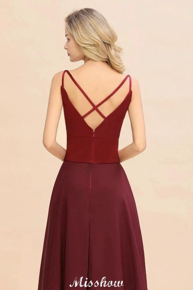 Cross Backless  Floor Length Satin Evening Gowns Burgundy Bridesmaid Dress (ZD12889)