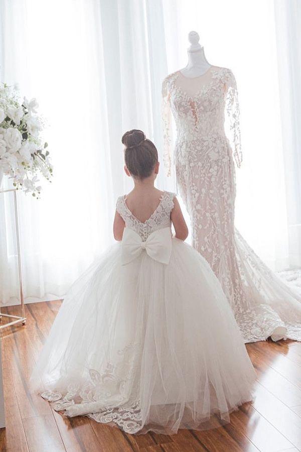 Cute Ivory Long Ball Gown Tulle Sleeveless Flower Girl Dresses