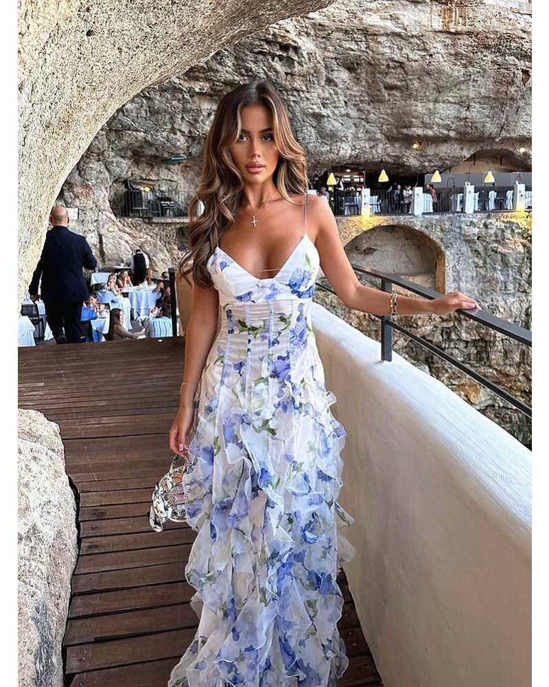 halter plant print wrap dress