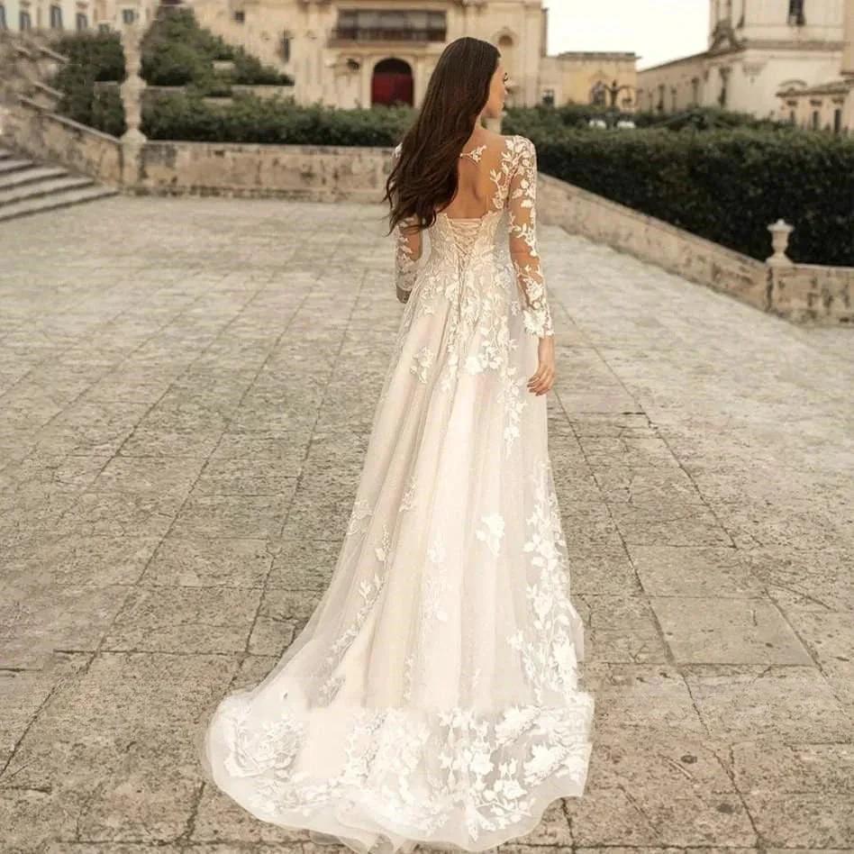 Elegant Round Neck Wedding Dresses 2023 Lace Long Sleeve Decal A-line  Fashion Women's Bridal Dress Robe Back Strap Design De (ZD14192)