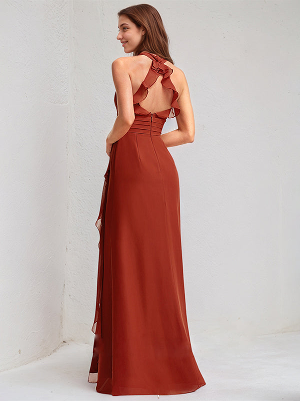 Vermilion Satin A Line V Neck Sleeveless Floor Length Bridesmaid Dress With Ruffle