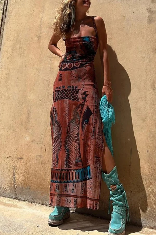 Griselda Exclusive Midi Dress with a Unique Gypsy Style Print, Cowl Neckline At the Back, Lace Up Fastening and Slit Evening Wear Edit