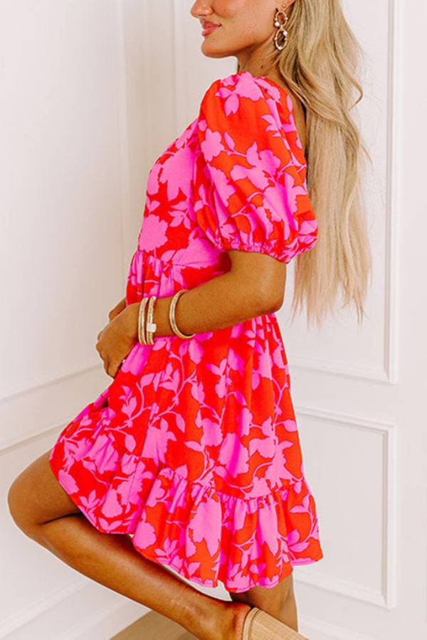 Elena Minimalist Red Floral Ruffle Mini Dress with Bubble Sleeves and Sweetheart Neckline Designer Edit