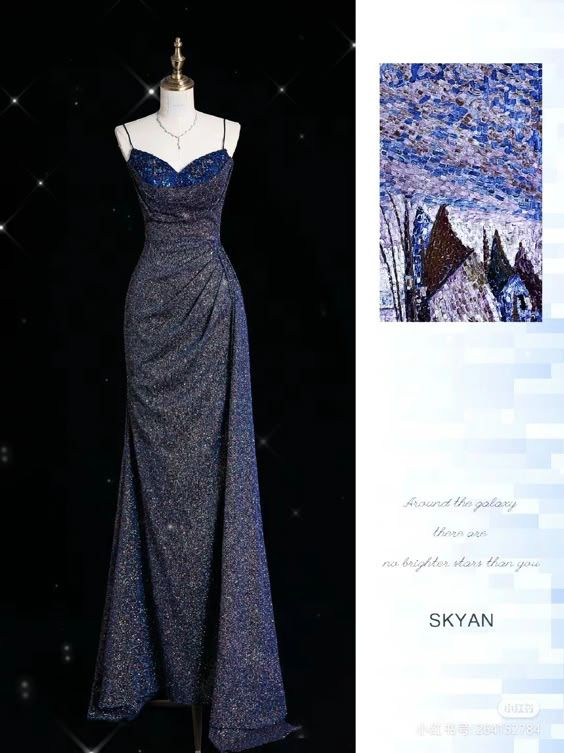 Charming Mermaid Spaghetti Straps Navy Blue Sequin Pleated Prom Dress Evening Dress - VelvetHem