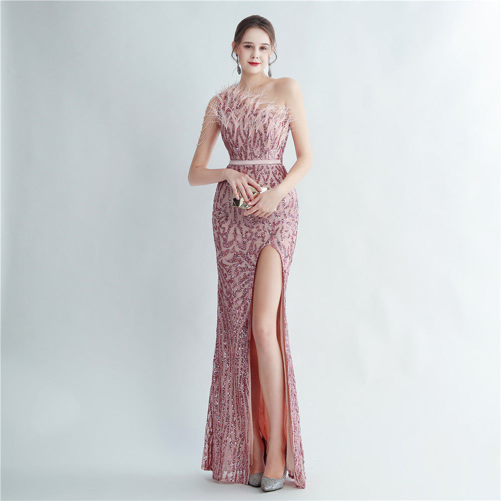 Heavy Industry Ostrich Hair Craft Beading Evening Dress with Side Slit - VelvetHem