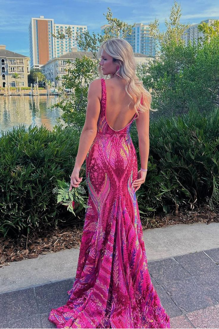 Luxurious Mermaid V Neck Fuchsia Sequins Prom Dress Formal Party Dress Evening Gown - View 2 | VelvetHem