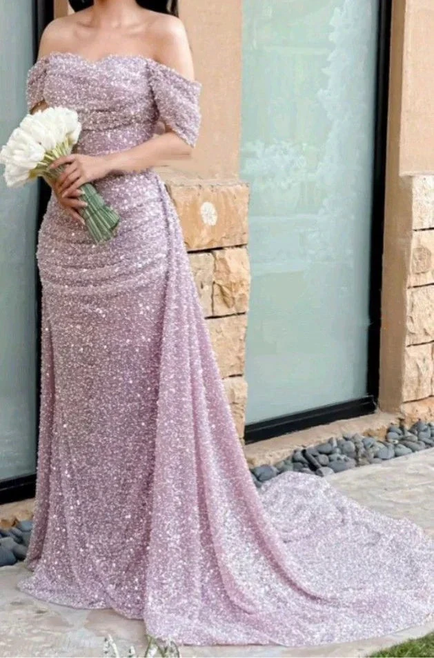 Beautiful Off The Shoulder Wedding Dress Sequin Mermaid Prom Evening Dress (ZD13723) - VelvetHem