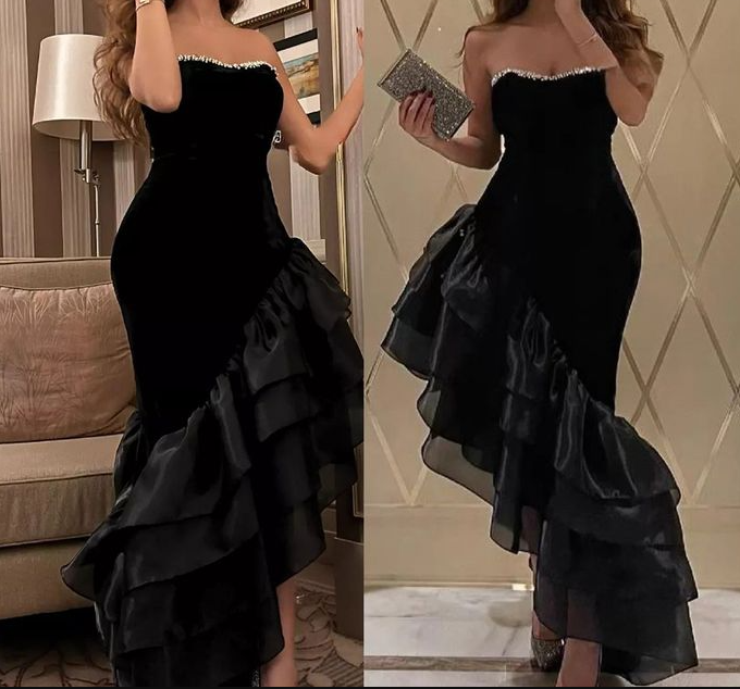 Sexy Strapless Black Mermaid Ruffles Evening Dress Formal Prom Dress Y7697 - VelvetHem