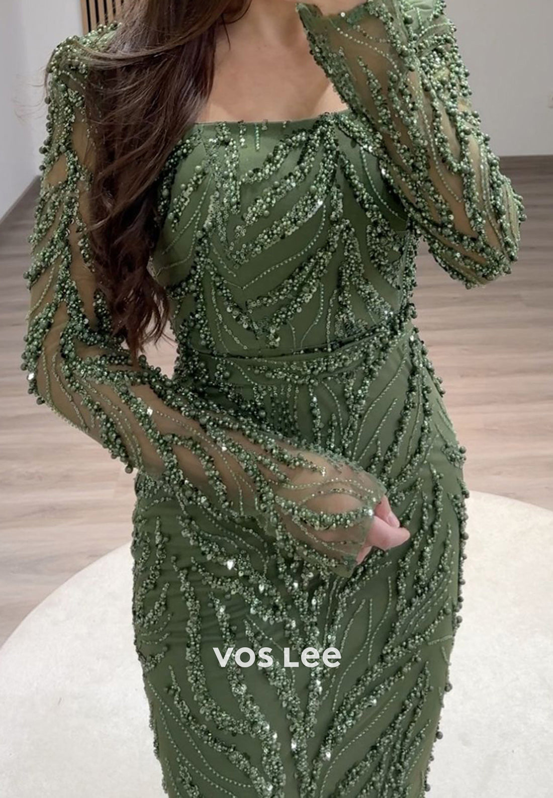 Full Beaded Square Evening Dress Long Sleeves Sheath Formal Party Gown - View 9 | VelvetHem