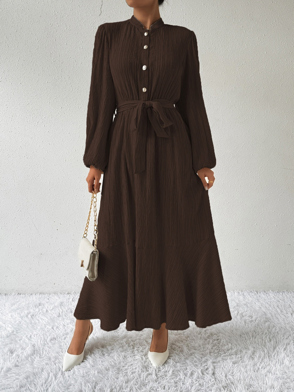 Delaney Chic Long Sleeved Maxi Dress with Tie Belt Elevated Occasion Wear