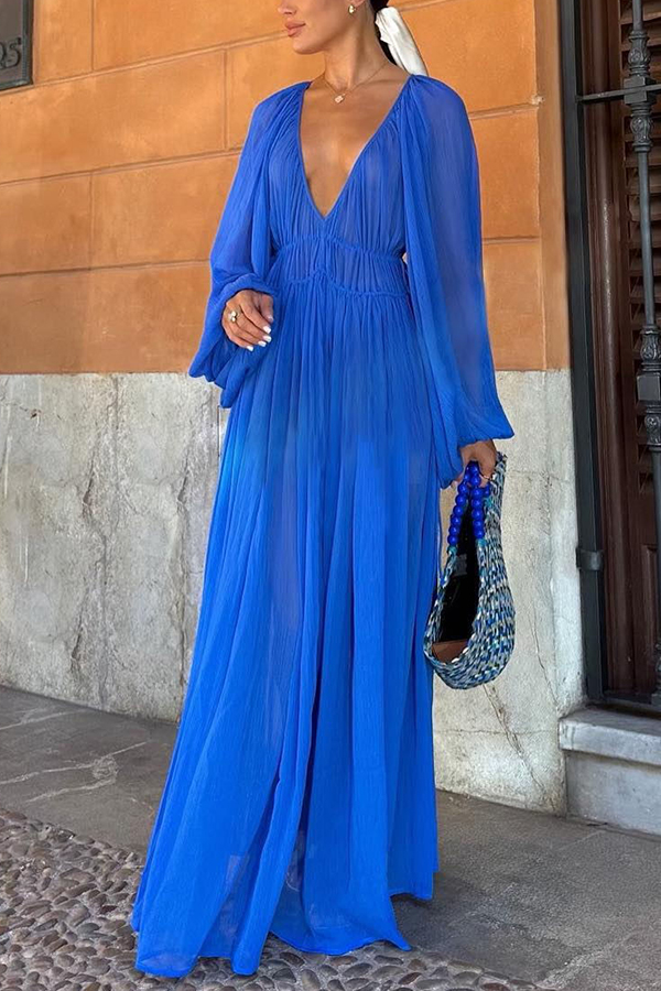 Rita Timeless Blue Gem Chiffon Ruched Waist Maxi Dress Elevated Occasion Wear