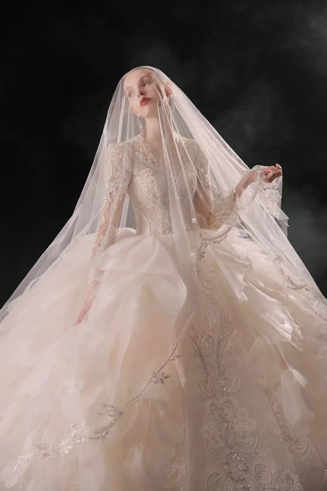 Luxurious V-Neck Ball Gown Long Lace Sleeve Beaded Embroidery Wedding Dress with Layered Ruffled Train (ZD16898)