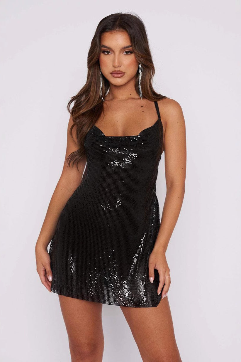 Slim Open Back Off-Shoulder Sequin Dress - VelvetHem