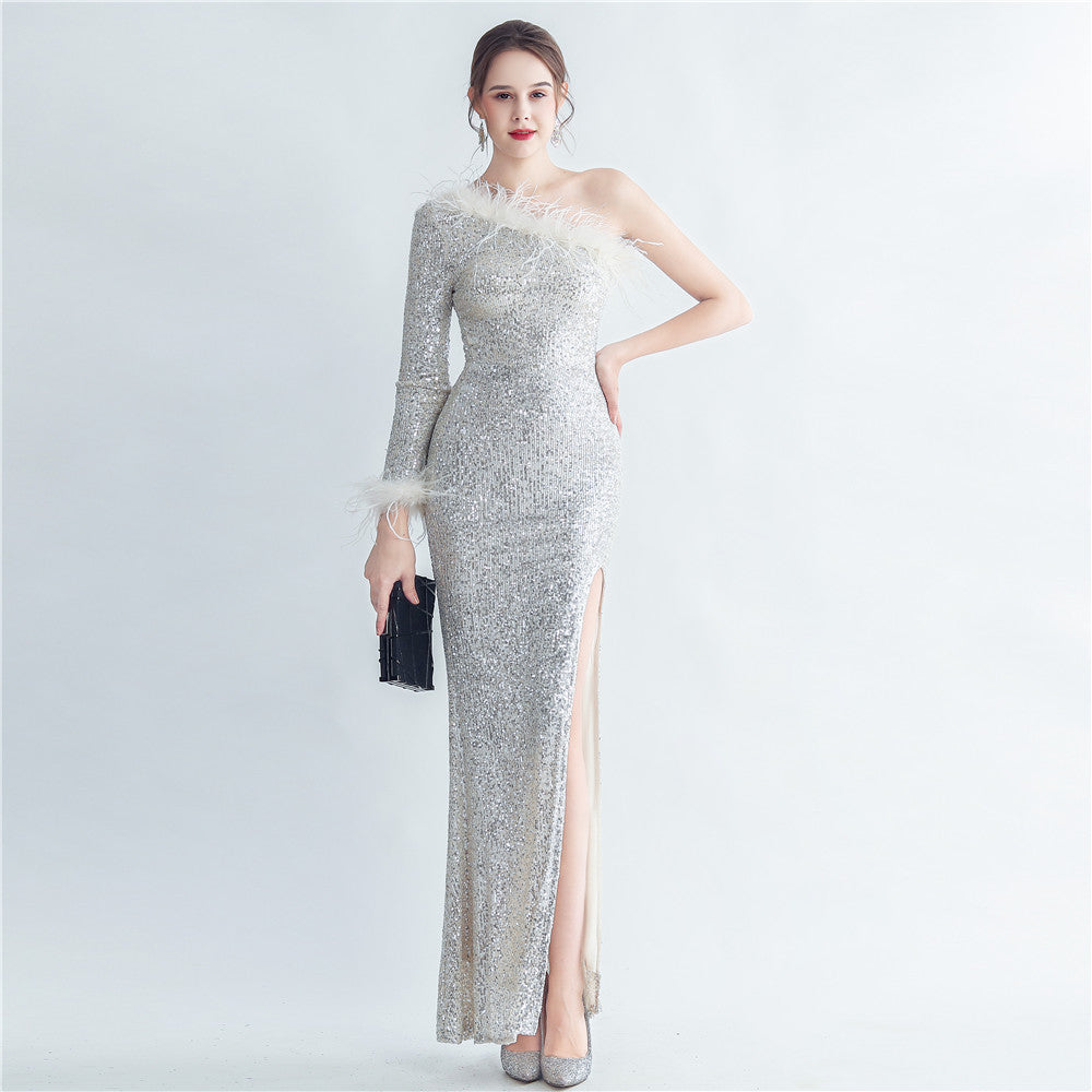Craft Ostrich Feather Diagonal Shoulder Roman Collar Evening Dress - VelvetHem