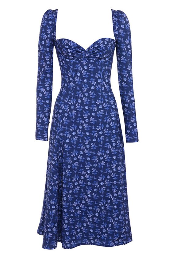Sapphire Floral Puff Sleeve Midi Dress Vintage Prom Dress With Side Slit - View 2 | VelvetHem