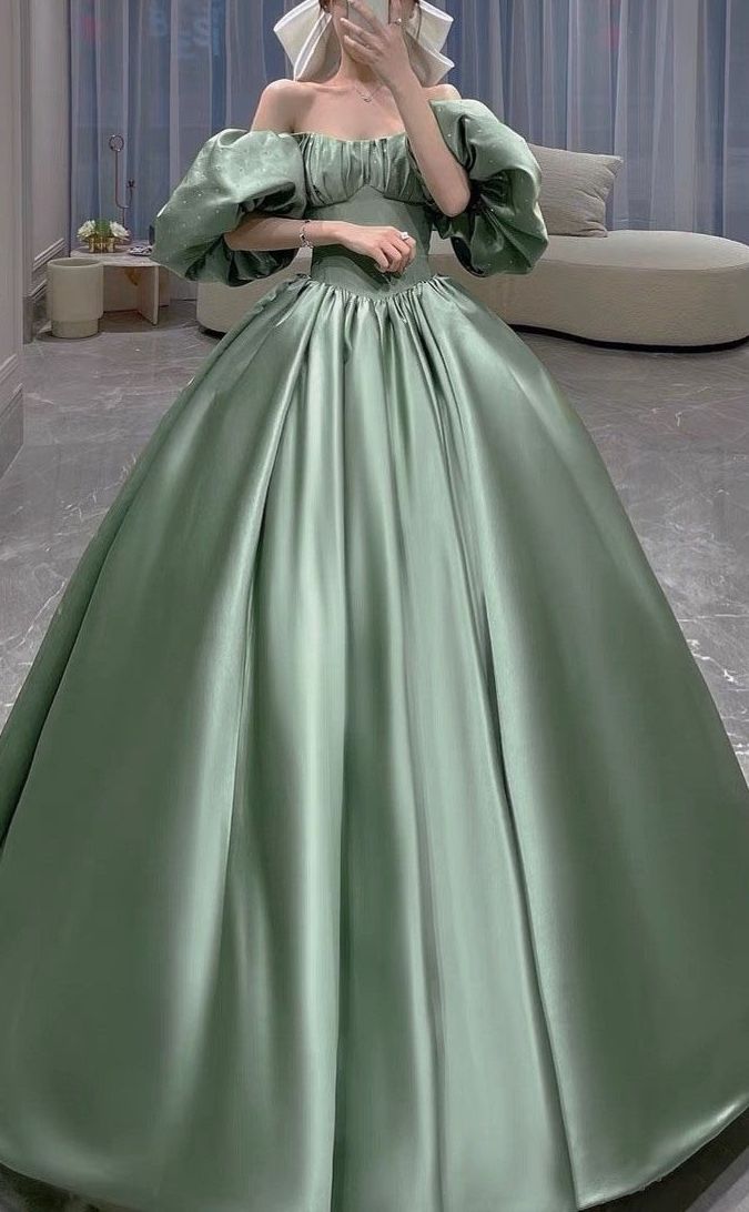 Sage Green Princess Ball Gown Satin Dresses - View 2 | VelvetHem