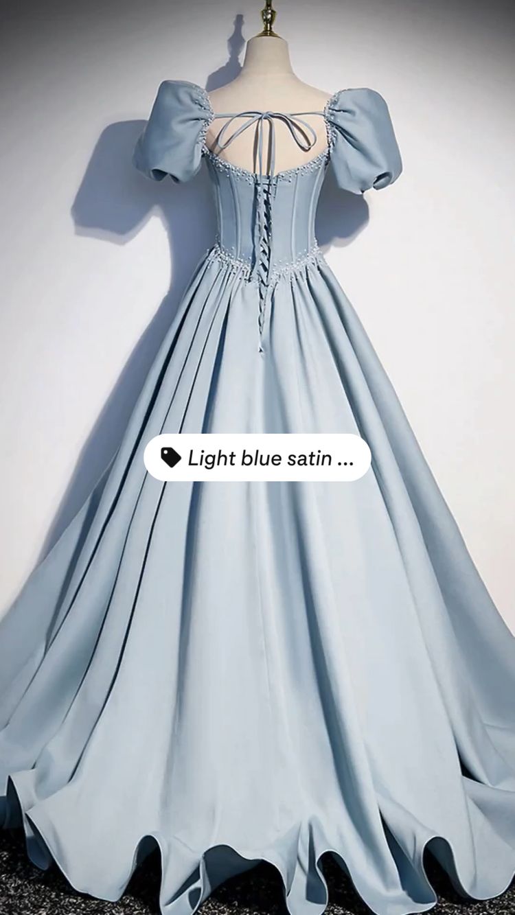 Light Blue Satin Long Prom Dress Short Sleeves Birthday Dress Princess Dress - View 3 | VelvetHem