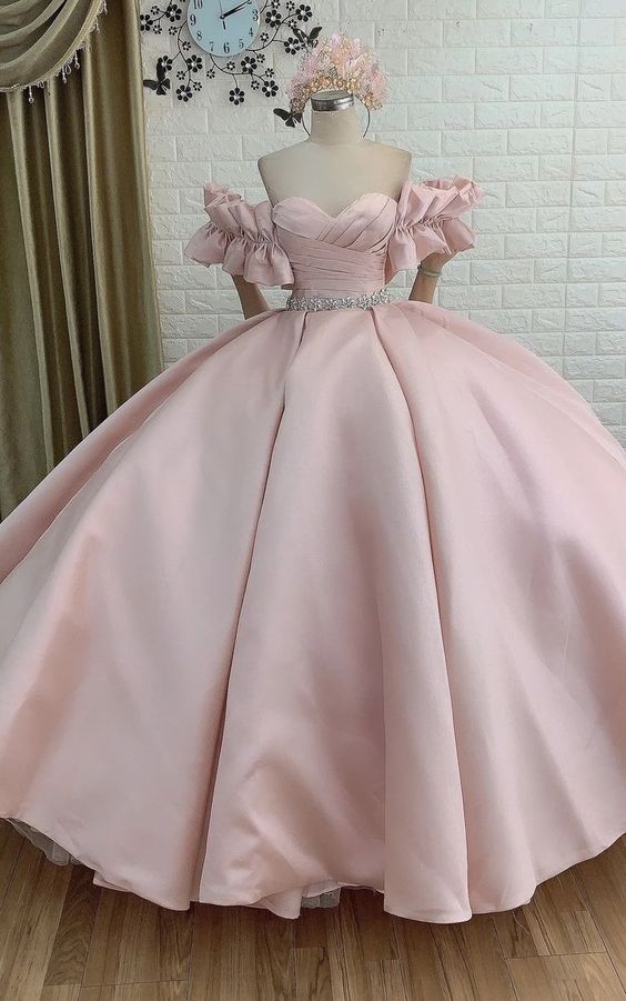 Blush pink satin ball gown wedding dress with ruffle sleeves - View 2 | VelvetHem