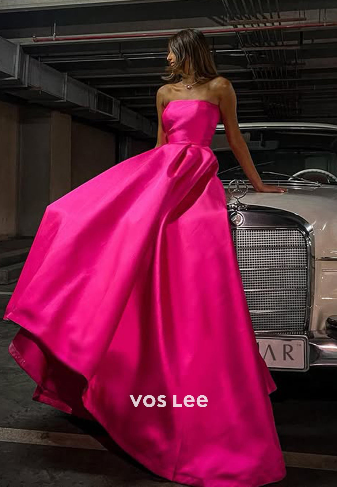 Classic Solid Fuchsia Strapless A-Line with Train Evening Dress Formal Party Gown - VelvetHem
